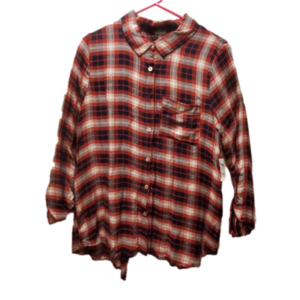 Women's lightweight plaid red/white/black button-down shirt with open back large